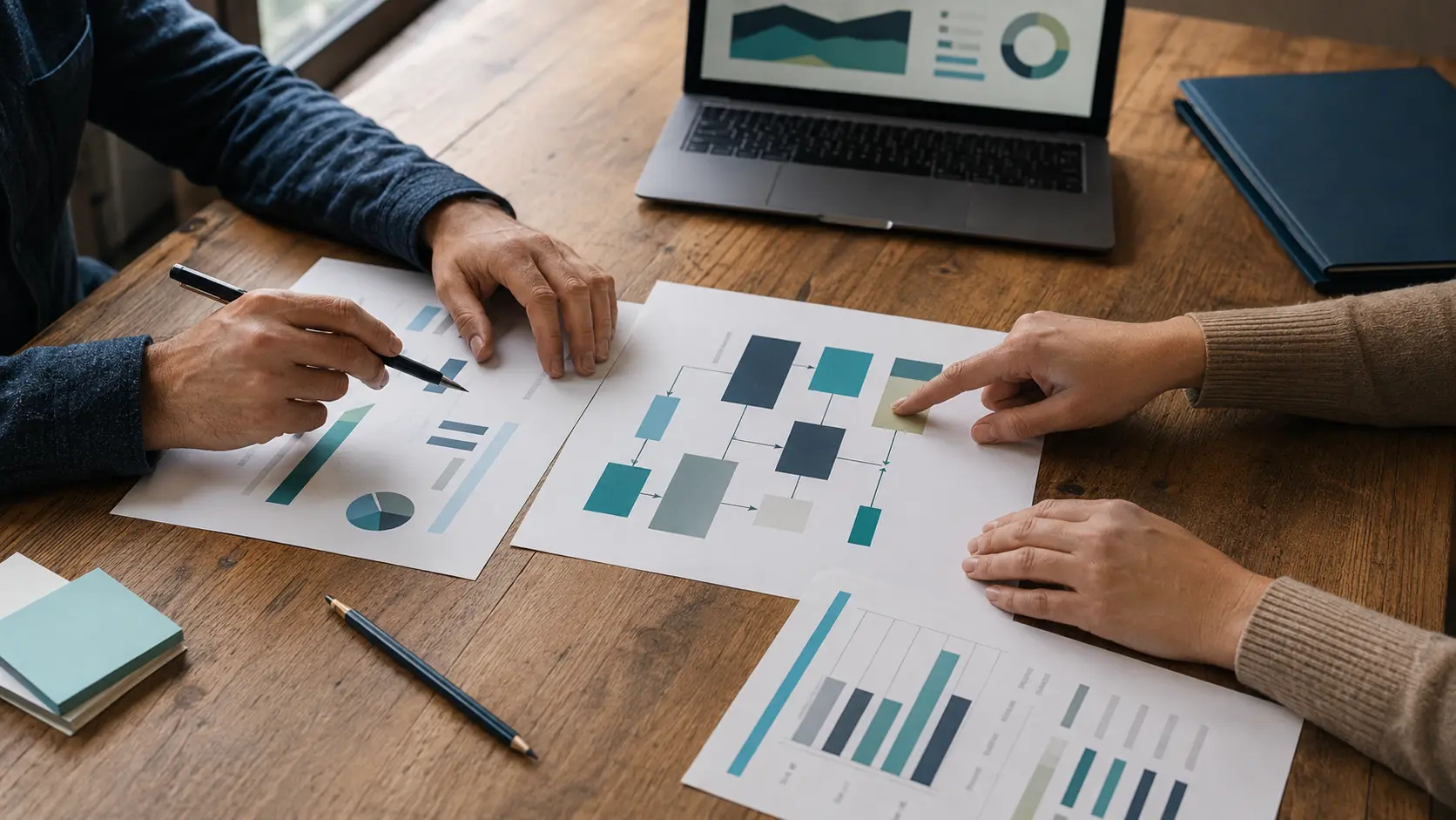Profesionales revisando en conjunto una planificación empresarial
